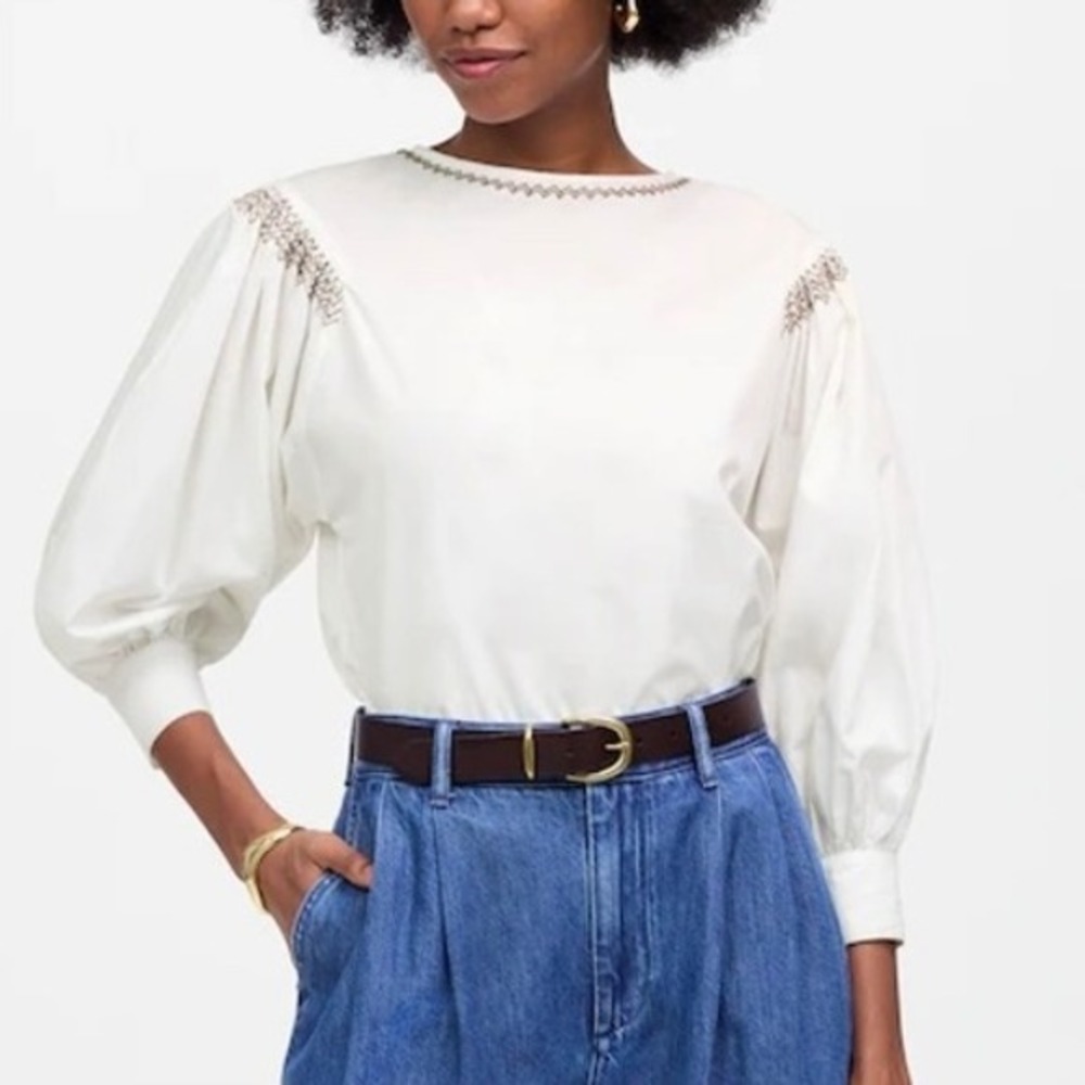 NWT‎ Madewell Women's Embroidered Poplin Balloon-Sleeve Top Small Boho